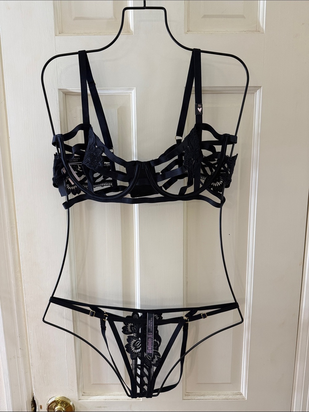 Victoria's Secret Black Strappy Lace Underwire Bra & Open Back Panty Set